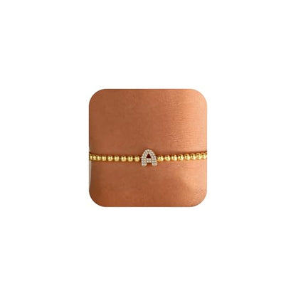 Zircon Initial Bracelet for Women - Never-Fade Personalized Jewelry, Dainty 14K Gold Plated Beaded Bracelets for Women Trendy Letter A-Z Personalized Jewelry Gifts - color: A