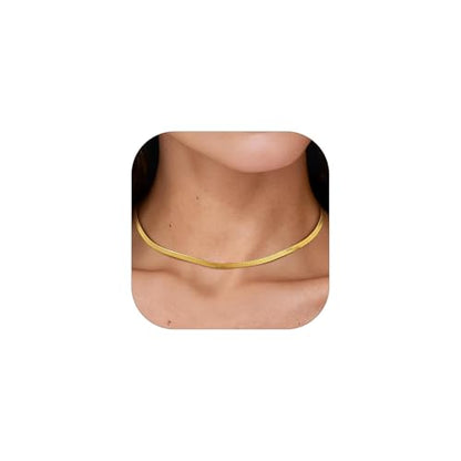 PROSTEEL 3mm/5mm Herringbone Choker Necklace for Women, 12.5"/15"/18", Stainless Steel/Sterling Silver Flat Snake Chain in Silver/Yellow Gold/Rose Gold/Black, Come with Box - color: 3mm-Gold Plated, size: 12.5 Inch