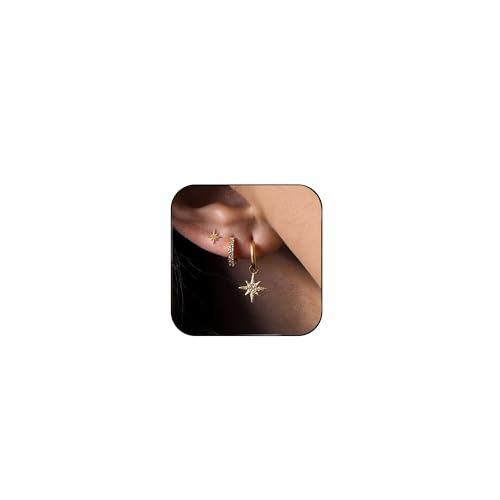 Gold Plated Earrings for Women, 14k Gold Plated Earring Stack Hypoallergenic Pearl Drop Earring Dainty Earrings for Women Trendy Cute Small Huggie Hoop Earring Fashion Womens Jewelry - color: star set