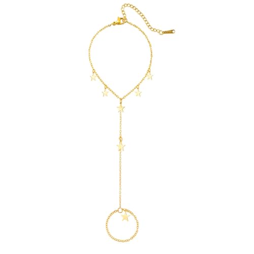 Y2k Stars Tassel Charm Hand Chain Bracelets for Women Dainty Polished Minimalist Link Ring Bracelet Stackable Stainless Steel Adjustable Chain Non Tarnish Fashion Jewelry Gifts - color: Gold