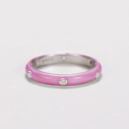 Stackable Enamel Ring 925 Sterling Silver Cubic Zirconia Rainbow Eternity Stacking Band Rings for Women 6（Pink） - color: Pink, size: 6