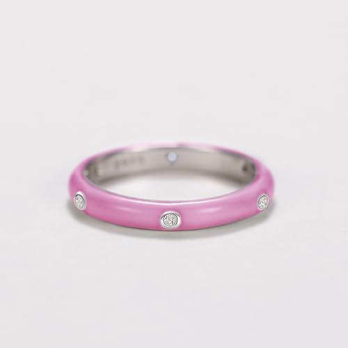 Stackable Enamel Ring 925 Sterling Silver Cubic Zirconia Rainbow Eternity Stacking Band Rings for Women 7（Pink） - color: Pink, size: 7