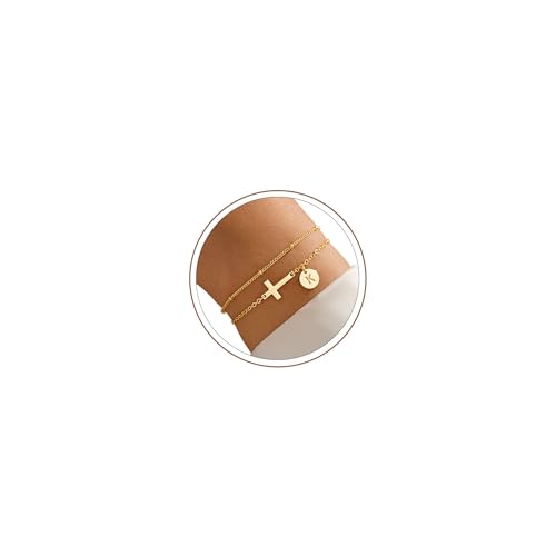 M MOOHAM Initial Cross Bracelet for Women Teen Girl, Baptism Christian Gift | 14K-Gold-Plated Layered Disc Letter Cross Bracelet Jewelry, Baptism Christian Gifts for Women, Confirmation Gifts for Girls - color: K