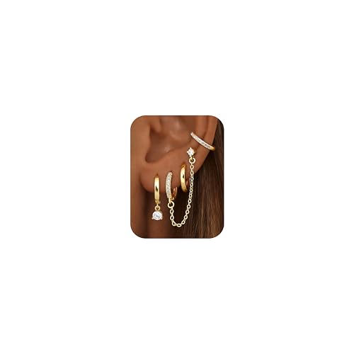 4 Pairs Small Hoop Earrings for Women 14K Gold Plated | Trendy Chain Drop Earrings Set, Hypoallergenic CZ Huggie Hoops, Lightweight Cartilage Earring Stacks - color: 14K Gold Plated-dangle hoop