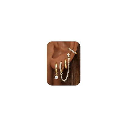 4 Pairs Small Hoop Earrings for Women 14K Gold Plated | Trendy Chain Drop Earrings Set, Hypoallergenic CZ Huggie Hoops, Lightweight Cartilage Earring Stacks - color: 14K Gold Plated-dangle hoop