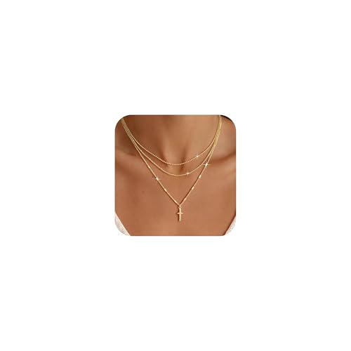 Layered Gold Necklace for Women Trendy,14K Gold Plated Dainty Stackable Cuban Link Herringbone Paperclip Chain Diamond/Coin/Cross/Tag/Mobius Pendant Necklace Set Fashion Jewelry Christmas Gifts - color: Gold Tiny Cross