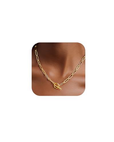 Link Gold Chain 14K Gold Plated Trendy Rope Paperclip Thick Chain Necklace Minimalist Layered Gold Chain Choker Necklaces for Women - style: Toggle Clasp Paperclip Chain