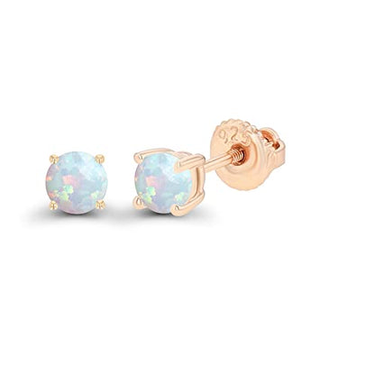 14K Gold Plated 925 Sterling Silver Hypoallergenic 4mm Round Genuine Birthstone Solitaire Screwback Stud Earrings - color: Opal Created