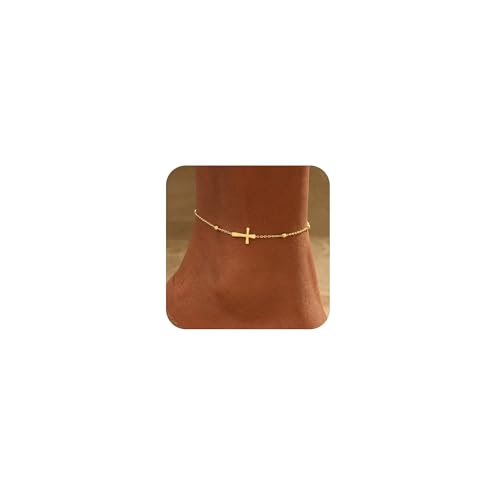 Gold Ankle Bracelets for women,14k Gold/Silver Plated Waterproof Layered lightweight Bow Beaded Twisted Chain Cross Butterfly Satellite Ankle Bracelets Set Gold Anklets for women Trendy Summer Beach Jewelry Gift for Women - style: anklets cross satellite-