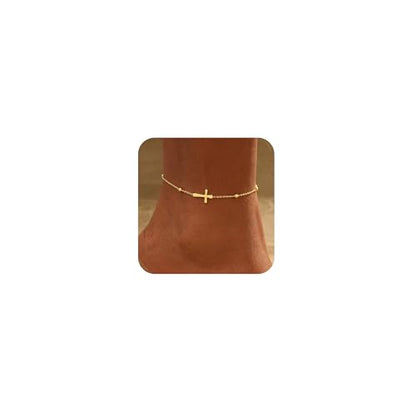 Gold Ankle Bracelets for women,14k Gold/Silver Plated Waterproof Layered lightweight Bow Beaded Twisted Chain Cross Butterfly Satellite Ankle Bracelets Set Gold Anklets for women Trendy Summer Beach Jewelry Gift for Women - style: anklets cross satellite-