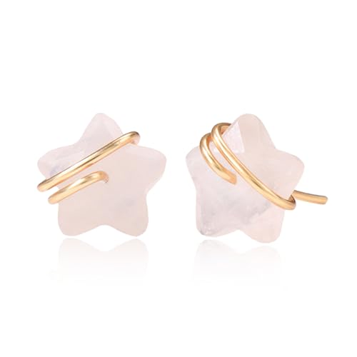 Raw Gemstone Star Stud Earrings for Women Handmade Star Chakra Healing Crystal Earrings Amethyst Raw Rose Quartz Gemstone Prong Stud Earrings Birthstone Jewelry Gift Ideas - color: Powder Crystal