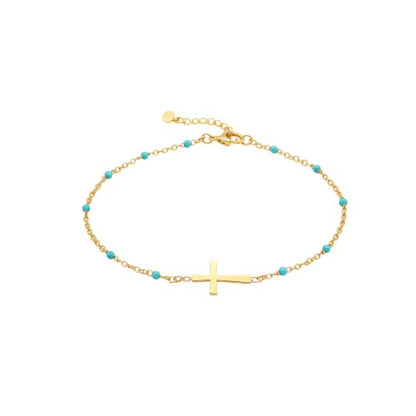 18K Gold Plated Pearl Beaded Cross Bracelets for Women Adjustable Stainless Steel Dainty Thin Gold Box Cuban Twisted Link Chain Bracelet Bridesmaid Jewelry Gifts - color: Green Cross-Gold