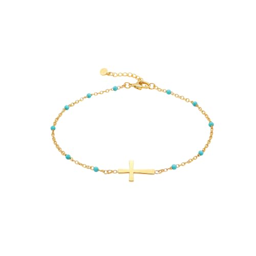 18K Gold Plated Pearl Beaded Cross Bracelets for Women Adjustable Stainless Steel Dainty Thin Gold Box Cuban Twisted Link Chain Bracelet Bridesmaid Jewelry Gifts - color: Green Cross-Gold