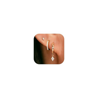3 Pairs Earring Stacks, Gold Earring Set Jewelry Gift for Women | Small, 14K Gold/White Gold/Black/Rose Gold Plated, Hypoallergenic, Her, Everday, Stackable, Simple, 3 Holes - color: Gold-Rhombus CZ