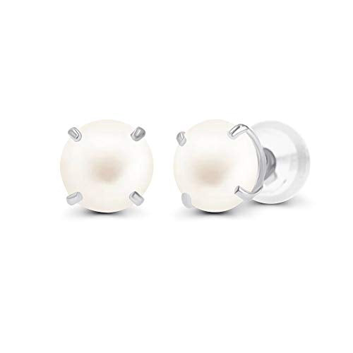 Solid 14K Yellow, White or Rose Gold 4mm Round Genuine Gemstone Birthstone Prong Set Stud Earrings For Women - color: Freshwater Cultured Pearl