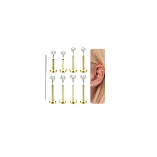 LOLIAS 16G 18G Flat Back Earrings Studs-Hypoallergenic Surgical Stainless Steel Cartilage Earring for Women Internally Threaded Cubic Zirconia Nose Stud Lip Medusa Tragus Helix Piercing Jewelry - color: 16G-2/2.5/3/4mm CZ-14K Gold Plated