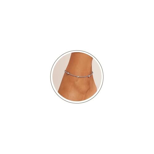 Waterproof Ankle Bracelets for Women Gold Anklets Non Tarnish Pearl/Figaro/Cuban/Snake Chain Anklet Adjustable Anklets for Womens Summer Beach Anklet Foot Jewelry for Women Gift - color: Beaded-Silver