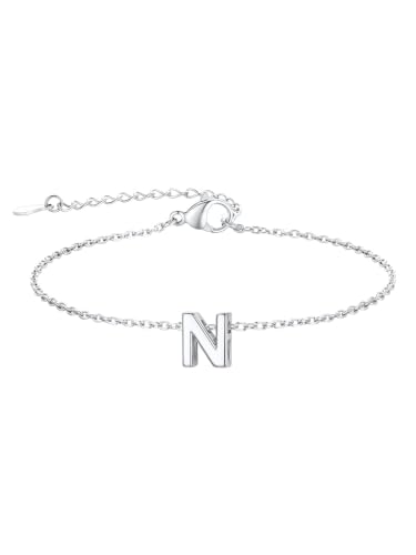FindChic Initial Bracelets for Women Waterproof Stainless Steel Chain | 14K Gold Plated /Silver Letter A-Z Adjustable Monogram Charm Bracelet Dainty Gift for Women Wife Friend with Gift Box - color: Silver, size: letter N
