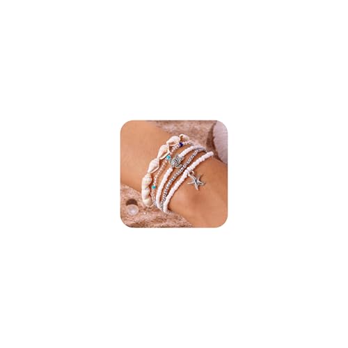 Shell Bracelets for Women Layered Seashell Starfish Bracelets Stackable Stretch Boho Beaded Bracelet Summer Beach Surfer Bracelet Seaside Beach Dress Outfits Accessories - color: A6:shell bracelets