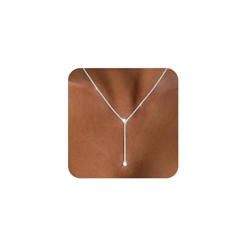 LULII Gold Necklace for Women Trendy Lariat Y Necklace Dainty 14k Gold Plated/Silver Long Necklaces for Women Layered Beaded Drop Necklaces Simple Y-Shaped Chain Jewelry Gifts - color: Y CZ Necklace-Silver