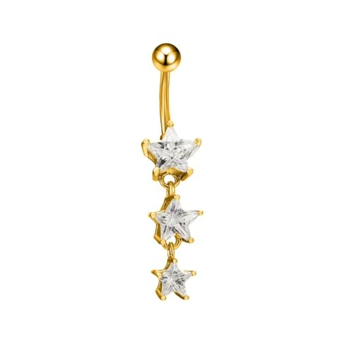 14G Surgical Steel Star Dangle Belly Button Rings for Women Sparkling Cubic Zirconia Crystal Star Belly Navel Curved Barbell Ring Navel Piercing Jewelry - color: Gold