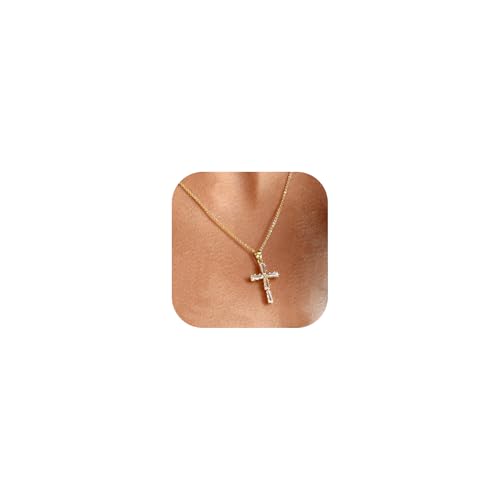 Cross Necklace for Women, 14K Gold Plated Cubic Zirconia Cross Pendant Necklace, Trendy Christian Jewelry Gifts for Baptism First Communion Christmas - color: Style A - Gold