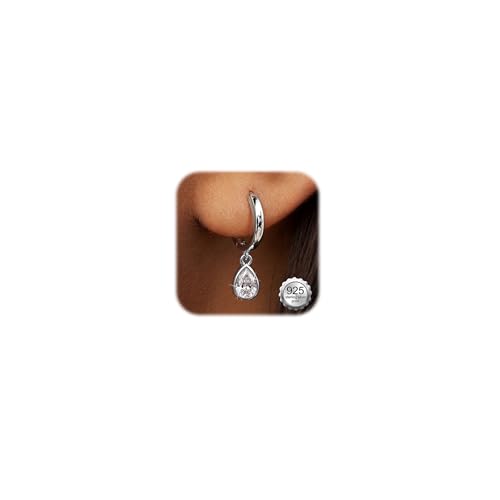 FIBO STEEL 14K Gold Plated Hoop Earrings with Charms for Women Huggie Hoops | Hypoallergenic 925 Sterling Silver Post Dangle Earrings Small Silver Gold Hoops Earring Cubic Zirconia Dangle Drop Jewelry - color: Tear - Silver Plated