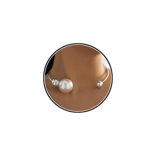 14K Gold Plated Large Pearl Open Necklace for Women | Simple Statement Pearl Open Geometric Bead Choker Necklace Modern Party Anniversary Club Jewelry Gifts - color: Silver