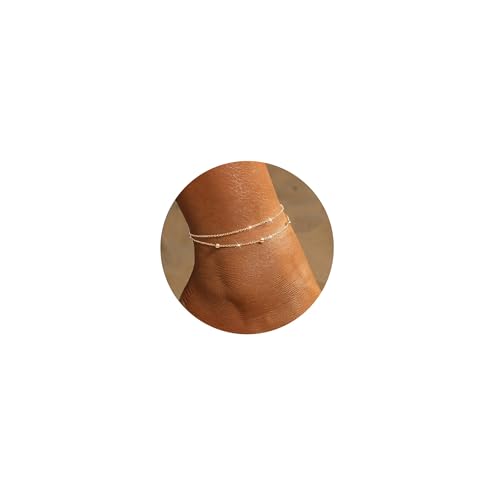 Gold Ankle Bracelets for women,14k Gold/Silver Plated Waterproof Layered lightweight Bow Beaded Twisted Chain Cross Butterfly Satellite Ankle Bracelets Set Gold Anklets for women Trendy Summer Beach Jewelry Gift for Women - style: 2 anklets cable satellit