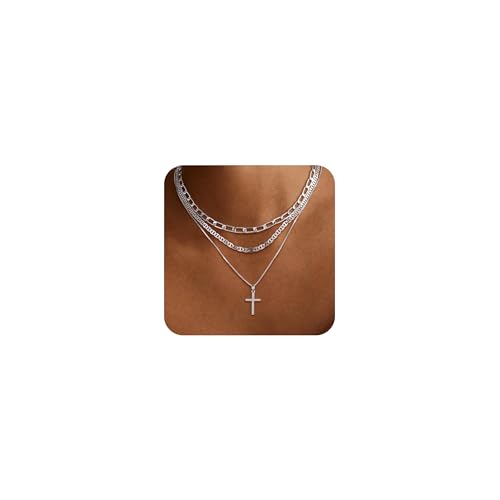 MFRYK Gold Necklaces for Women,14K Gold/Silver Plated Choker Layered Necklace Dainty Pearl Disc Cross Circle Heart Pendant Chain Stackable Necklaces, Multilayer Jewelry Set Gifts for Women - style: 3Layered Cz Cross-SL