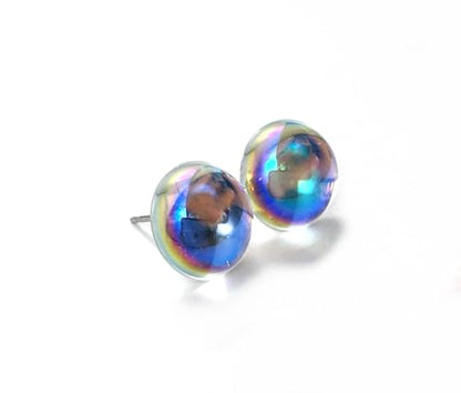 Iridescent Crystal Ball Stud Earrings, 10mm or 12mm Rainbow Holographic Studs, Titanium or Stainless Steel Posts