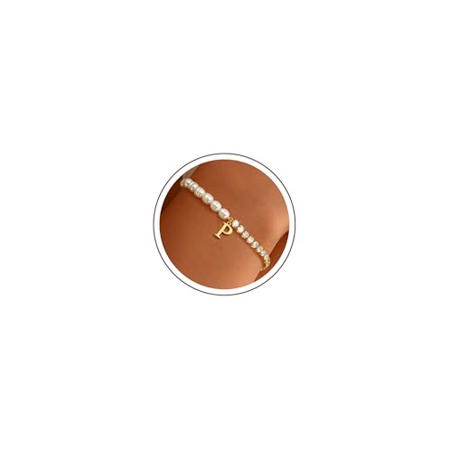 Ritach Gold Bracelets for Women Girls - 14K Gold Plated Freshwater Pearl Bracelet Dainty Gold Initial CZ Tennis Bracelets for Women Girls Pearl Jewelry Birthday Wedding Bridesmaid Gifts - style: P