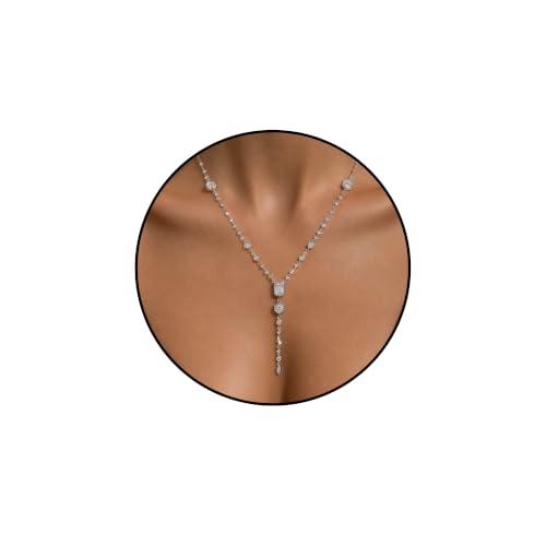 925 Sterling Silver Lariet Necklace, 14K Yellow Gold Long Y Necklace with Zircon Geometric Long Pendant Necklace for Women, Vintage Charm Silver Lariat Jewelry Accessories - color: F