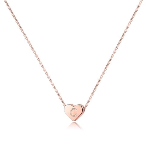Turandoss Tiny Heart Initial Necklaces for Girls | 14K Rose Gold Plated Heart Pendant Handmade Dainty Letter Initial Necklaces for Teen Girls Jewelry - color: C