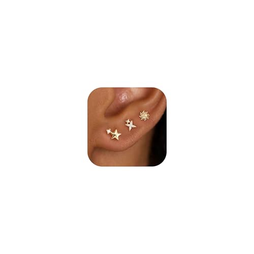 3 Pair Tiny Flat Back Earrings for Women - 14K Gold/White Gold Plated Dainty Cute Small Screw Flatback Stud Earring, Everyday Wear Gift - color: Star&Sun Flat-5/6/7mm Gold