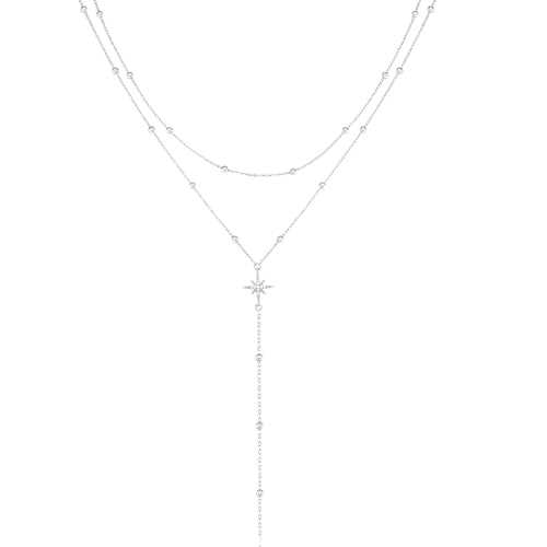 14K Gold Plated Layered Lariat Necklace for Women - Waterproof Non-Tarnish Dainty Gold Chain Necklace, Long Boho Statement Jewelry for Wedding, Prom, Summer Vacation Gifts - color: Layered Beads Y Necklace-Silver