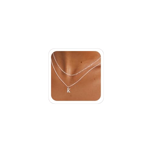 MBW Dainty Silver Layered Initial A-Z Pendant Necklaces for Women Thin | Simple Waterproof 925 Silver Plated Necklace Figaro Choker Monogram Name Jewelry Set Personalized - color: Silver InitIal NK-K