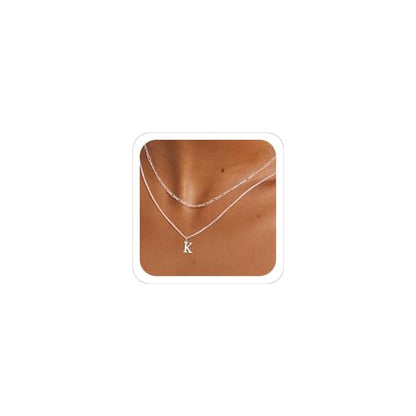 MBW Dainty Silver Layered Initial A-Z Pendant Necklaces for Women Thin | Simple Waterproof 925 Silver Plated Necklace Figaro Choker Monogram Name Jewelry Set Personalized - color: Silver InitIal NK-K