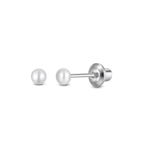 Pearl Screw Back Stud Earrings, 925 Sterling Silver Hypoallergenic - color: White, size: 3mm-Small