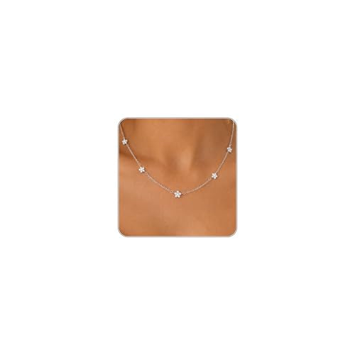 Dainty Silver Gold Necklaces for Women Cute Station Choker Simulated Diamond Necklace Simple Layering CZ Necklace Trendy Jewelry Gifts - color: Silver, style: Star