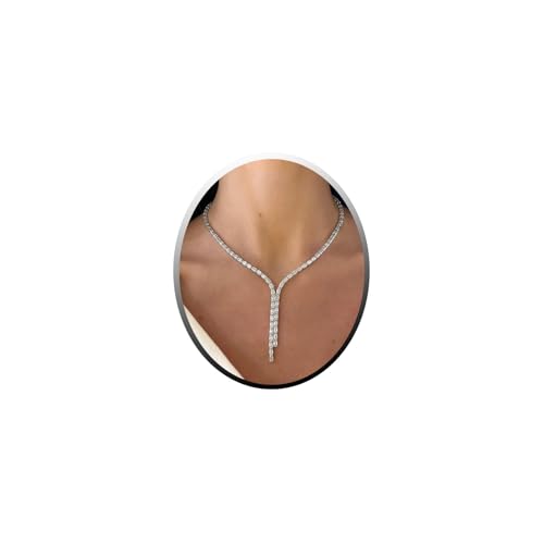 STONEFANS Long Tennis Necklaces for Women - Dainty Silver Lariat Necklace Rhinestone Y Shaped Drop Necklace Cute Choker Necklaces for Women Trendy Silver Prom Jewelry Gifts - color: Silver-Gem