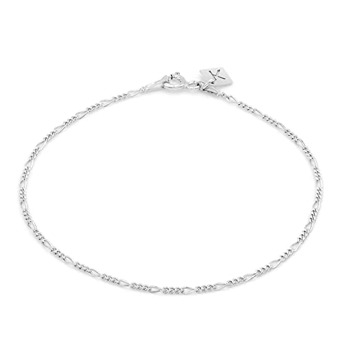 KEZEF Sterling Silver, 14k Gold Plated Silver & Rose Gold Plated Silver Figaro Chain | Fine Diamond Cut 1.5mm Bracelet & Anklet for Women, Girls and Men - color: Sterling Silver, size: 8 Inches