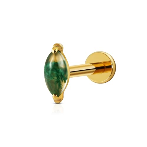 1PC ASTM F136 Titanium Piercing Jewelry for Tragus Conch Helix Flat Labret 18G 6mm 8mm, Cartilage Earring Flatback Stud - color: Moss Agate Marquise - Gold
