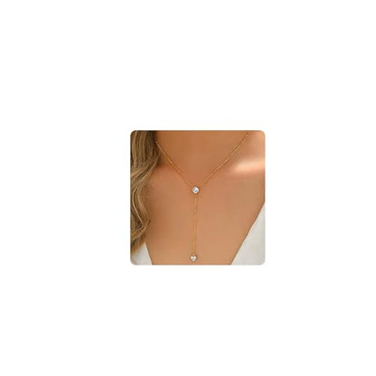 Dainty Y-Shaped Lariat CZ Drop Charm Pendant Necklaces for Women - color: Round-CZ-GD