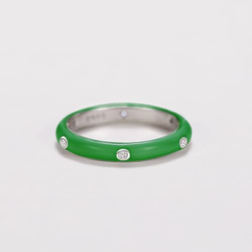 Stackable Enamel Ring 925 Sterling Silver Cubic Zirconia Rainbow Eternity Stacking Band Rings for Women 6（Green） - color: green, size: 6