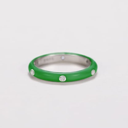 Stackable Enamel Ring 925 Sterling Silver Cubic Zirconia Rainbow Eternity Stacking Band Rings for Women 6（Green） - color: green, size: 6