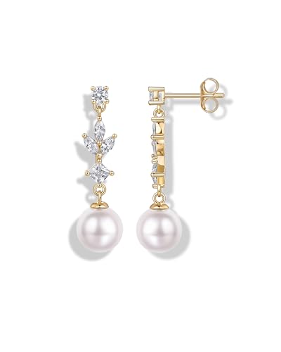 PAVOI 14K Gold Plated Cubic Zirconia Dangle Earrings for Women - Crystal Long Linear Bridal Drop Earrings - Cluster CZ Pearl Simulated Diamond Drop Dangle Wedding Jewelry for Brides & Bridesmaid - style: Pearl