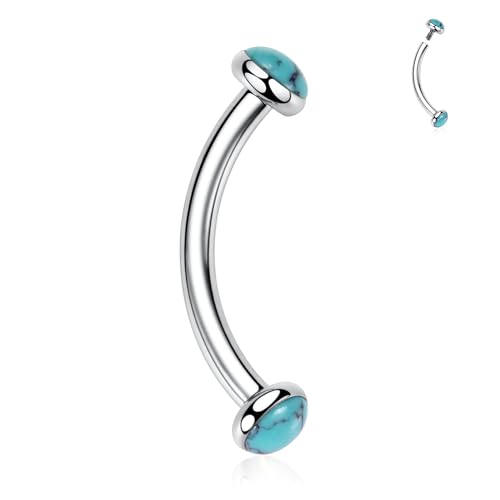 GAGABODY Titanium Eyebrow Jewelry - Curved Barbell & Labret Stud, 16g - Belly Button Ring & Cartilage Earring - Opal Bridge Jewelry - color: 1Pc-Silver+ Blue Turquoise-Disc Shape