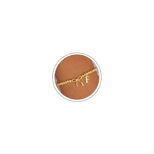 M MOOHAM Bow Initial Bracelets for Women Girls, Letter A-Z Beaded Bracelet | 14K Gold Plated, Bow Bracelets for Girls, Gold Bracelet, Beaded Initial Bracelet, Birthday Gift for Teen Girl Jewelry - color: F