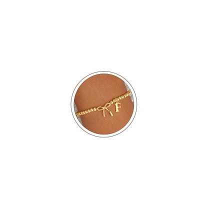 M MOOHAM Bow Initial Bracelets for Women Girls, Letter A-Z Beaded Bracelet | 14K Gold Plated, Bow Bracelets for Girls, Gold Bracelet, Beaded Initial Bracelet, Birthday Gift for Teen Girl Jewelry - color: F